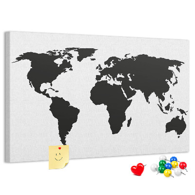 Bacheca in sughero con design a forma di mappa del mondo con contorno nero