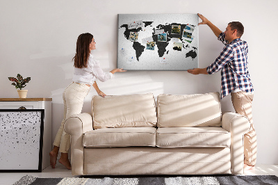 Bacheca in sughero con design a forma di mappa del mondo con contorno nero