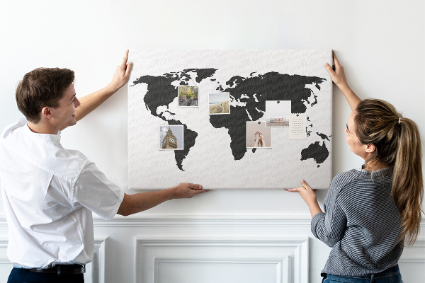 Bacheca in sughero con design a forma di mappa del mondo con contorno nero