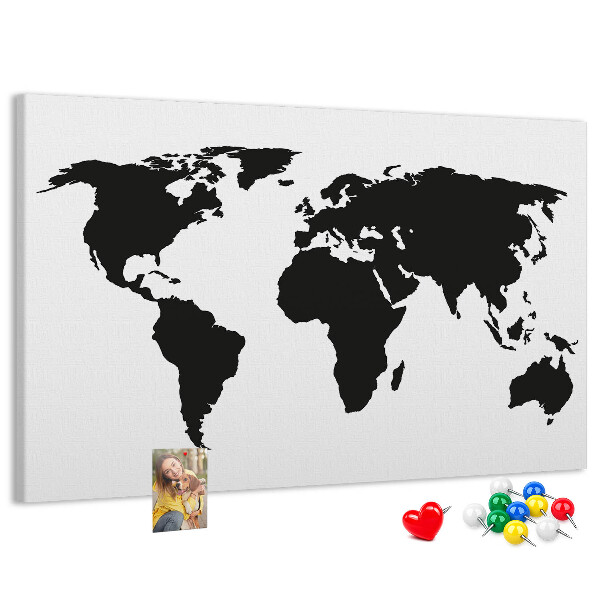 Bacheca in sughero con design a forma di mappa del mondo con contorno nero