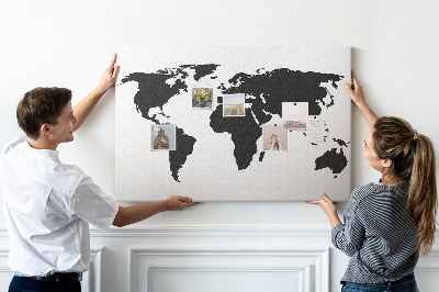 Bacheca in sughero con design a forma di mappa del mondo con contorno nero