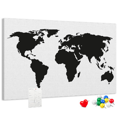 Bacheca in sughero con design a forma di mappa del mondo con contorno nero