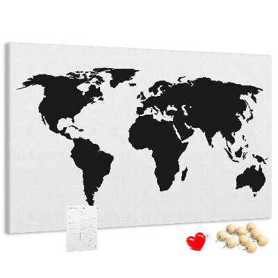 Bacheca in sughero con design a forma di mappa del mondo con contorno nero