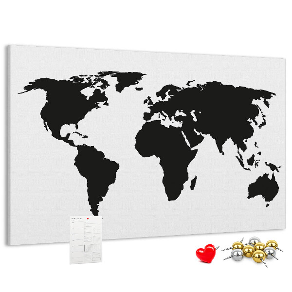 Bacheca in sughero con design a forma di mappa del mondo con contorno nero