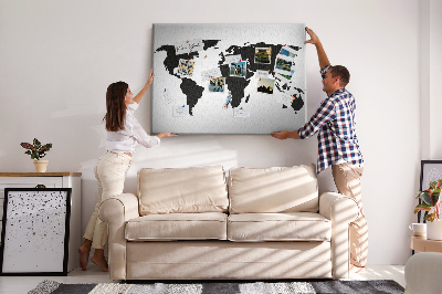 Bacheca in sughero con design a forma di mappa del mondo con contorno nero