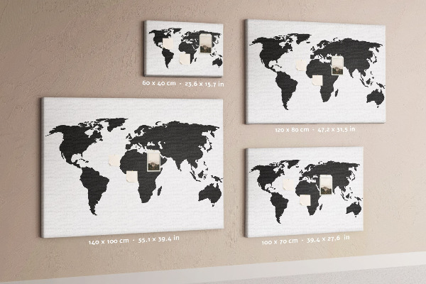 Bacheca in sughero con design a forma di mappa del mondo con contorno nero