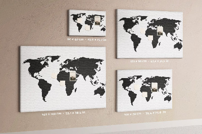 Bacheca in sughero con design a forma di mappa del mondo con contorno nero