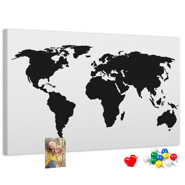 Bacheca in sughero con design a forma di mappa del mondo con contorno nero