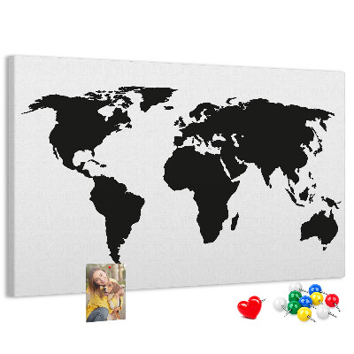 Bacheca in sughero con design a forma di mappa del mondo con contorno nero