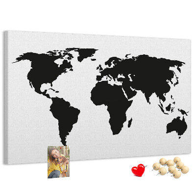 Bacheca in sughero con design a forma di mappa del mondo con contorno nero