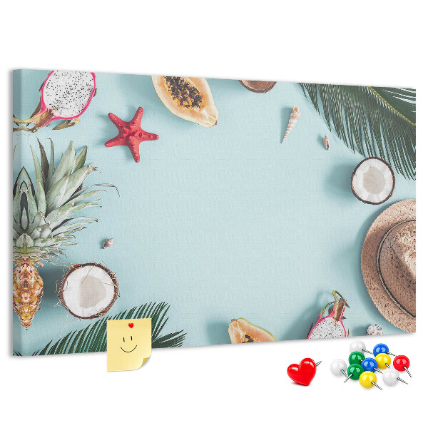 Lavagna di sughero con decorazione a tema frutta tropicale e accessori da spiaggia