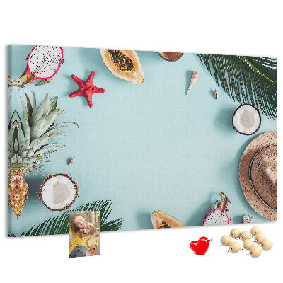 Lavagna di sughero con decorazione a tema frutta tropicale e accessori da spiaggia