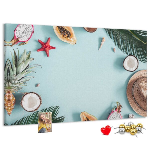 Lavagna di sughero con decorazione a tema frutta tropicale e accessori da spiaggia