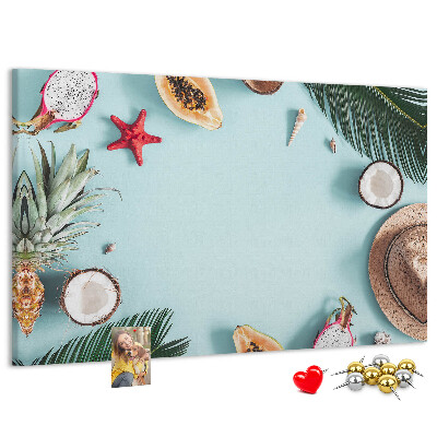 Lavagna di sughero con decorazione a tema frutta tropicale e accessori da spiaggia