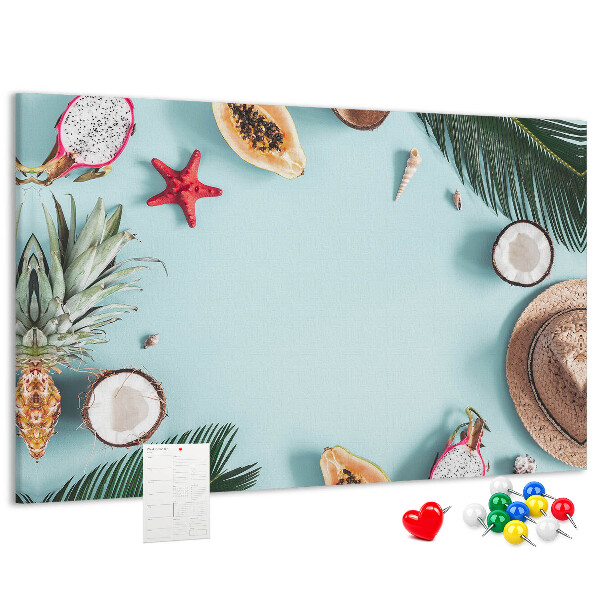 Lavagna di sughero con decorazione a tema frutta tropicale e accessori da spiaggia