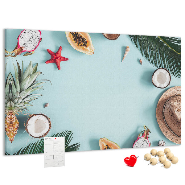 Lavagna di sughero con decorazione a tema frutta tropicale e accessori da spiaggia