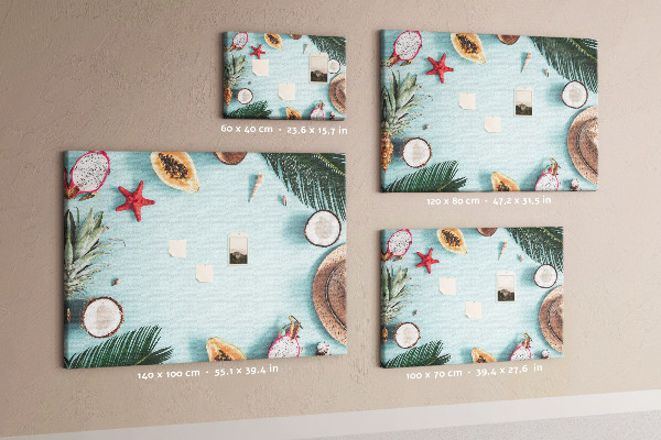 Lavagna di sughero con decorazione a tema frutta tropicale e accessori da spiaggia