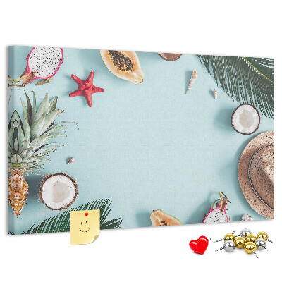 Lavagna di sughero con decorazione a tema frutta tropicale e accessori da spiaggia