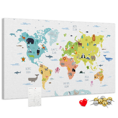 Lavagna di sughero mappa del mondo con illustrazioni di animali