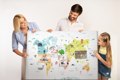 Lavagna di sughero mappa del mondo con illustrazioni di animali