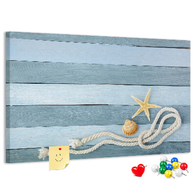 Bacheca in sughero con stampa paesaggio marino, conchiglie e spago
