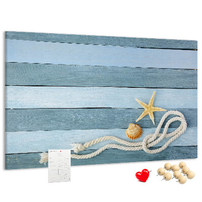 Bacheca in sughero con stampa paesaggio marino, conchiglie e spago