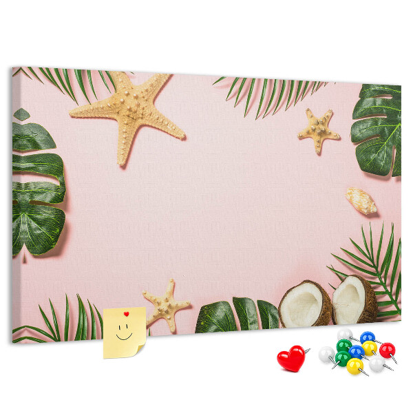 Bacheca in sughero con stampa paesaggio tropicale con conchiglie e foglie