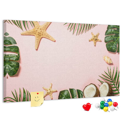 Bacheca in sughero con stampa paesaggio tropicale con conchiglie e foglie