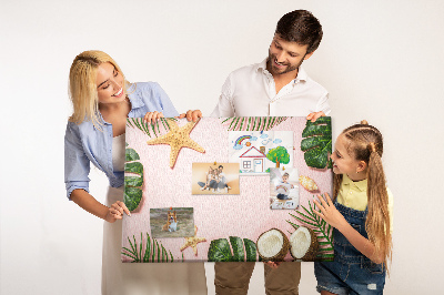 Bacheca in sughero con stampa paesaggio tropicale con conchiglie e foglie