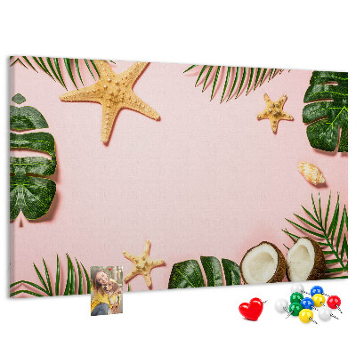 Bacheca in sughero con stampa paesaggio tropicale con conchiglie e foglie