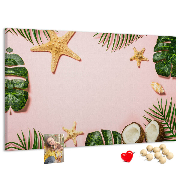 Bacheca in sughero con stampa paesaggio tropicale con conchiglie e foglie