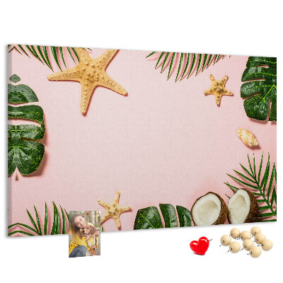 Bacheca in sughero con stampa paesaggio tropicale con conchiglie e foglie