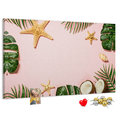 Bacheca in sughero con stampa paesaggio tropicale con conchiglie e foglie