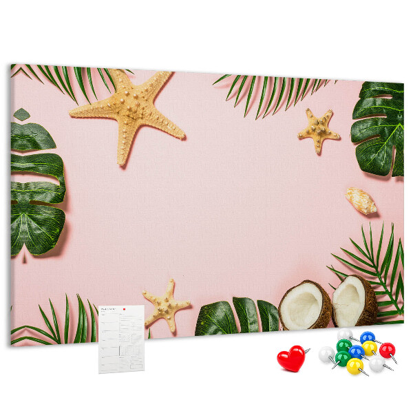 Bacheca in sughero con stampa paesaggio tropicale con conchiglie e foglie