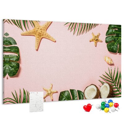 Bacheca in sughero con stampa paesaggio tropicale con conchiglie e foglie