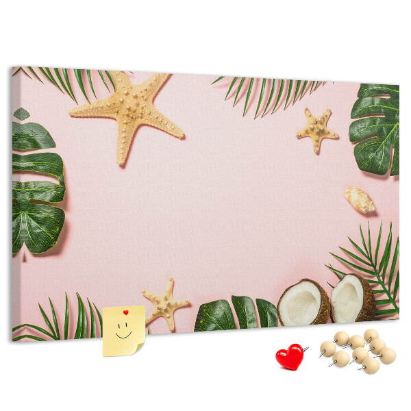 Bacheca in sughero con stampa paesaggio tropicale con conchiglie e foglie
