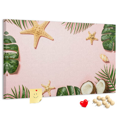 Bacheca in sughero con stampa paesaggio tropicale con conchiglie e foglie