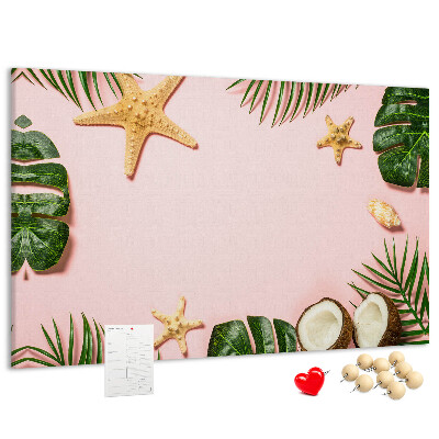Bacheca in sughero con stampa paesaggio tropicale con conchiglie e foglie