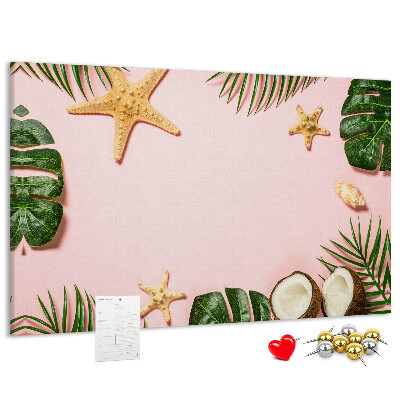 Bacheca in sughero con stampa paesaggio tropicale con conchiglie e foglie