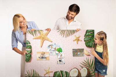 Bacheca in sughero con stampa paesaggio tropicale con conchiglie e foglie