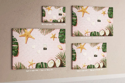 Bacheca in sughero con stampa paesaggio tropicale con conchiglie e foglie