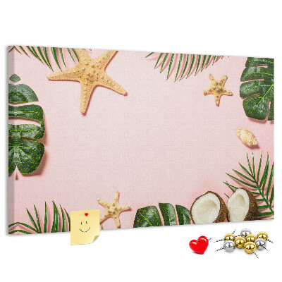 Bacheca in sughero con stampa paesaggio tropicale con conchiglie e foglie