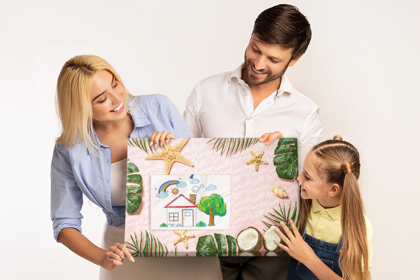 Bacheca in sughero con stampa paesaggio tropicale con conchiglie e foglie