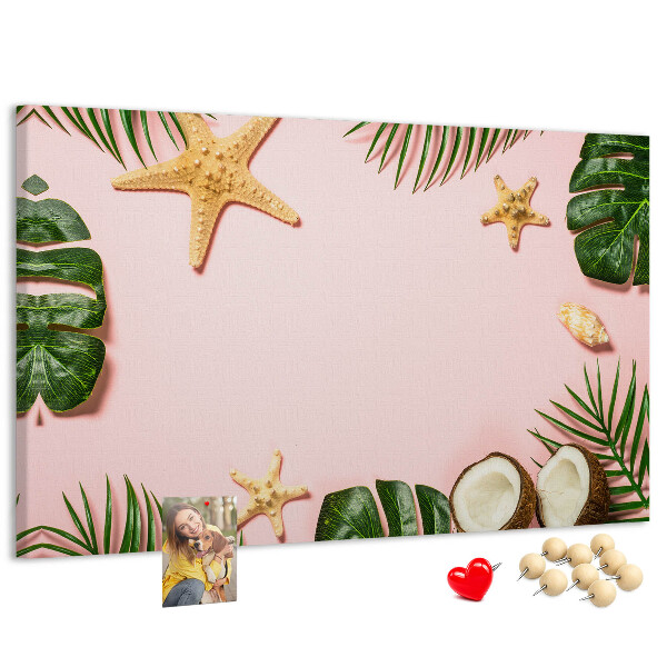 Bacheca in sughero con stampa paesaggio tropicale con conchiglie e foglie