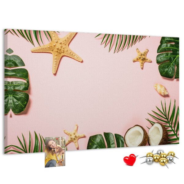 Bacheca in sughero con stampa paesaggio tropicale con conchiglie e foglie