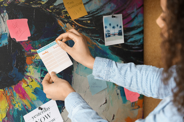 Lavagna di sughero con stampa artistica di un occhio colorato e pennellate dinamiche
