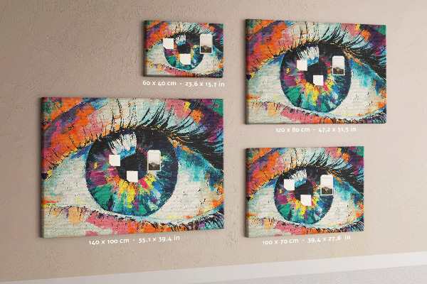 Lavagna di sughero con stampa artistica di un occhio colorato e pennellate dinamiche