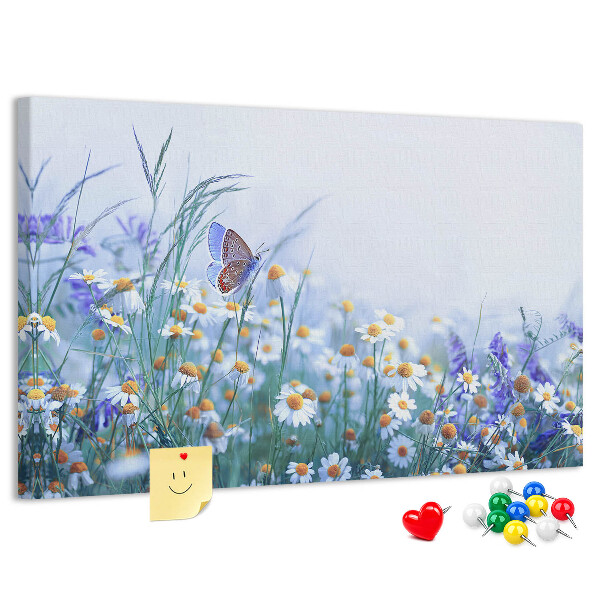 Lavagna di sughero con motivo a prato con farfalle e fiori