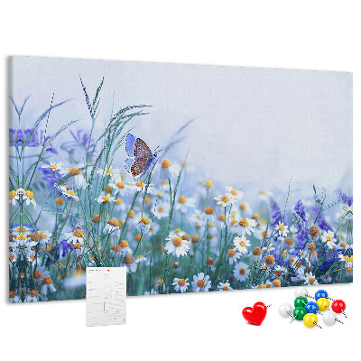 Lavagna di sughero con motivo a prato con farfalle e fiori
