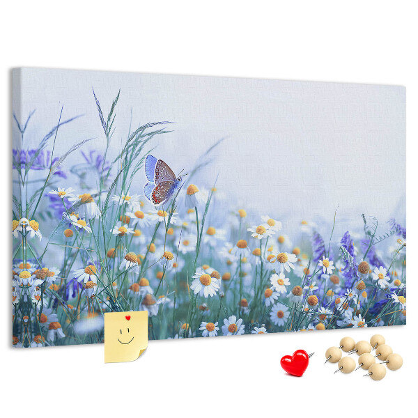 Lavagna di sughero con motivo a prato con farfalle e fiori